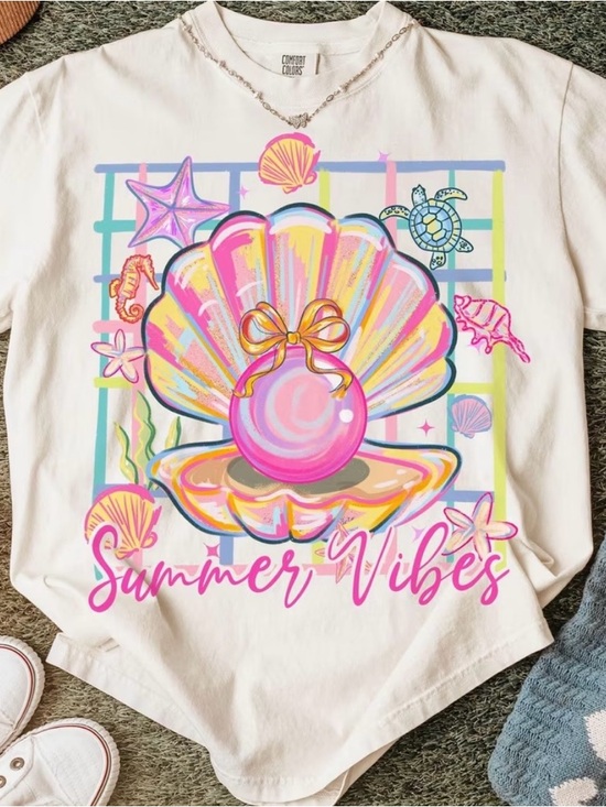 Comfort Colors Tops - Comfort Colors White Tee with Pastel Seashell & Pink Pearl Graphic